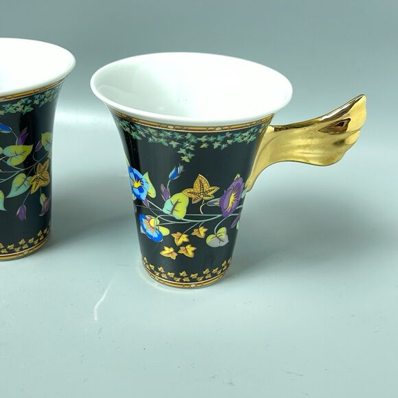 2 Rutherford Gold Ivy Versace Design Coffe Cups Gold Winged Handle - Picture 2 of 11